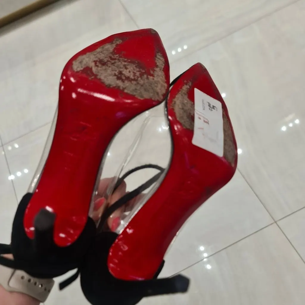 Christian Louboutin Bis Un Bout Black Suede & PVC Pumps Sz.37.5 Pre-owned Black Suede Good - Inside View