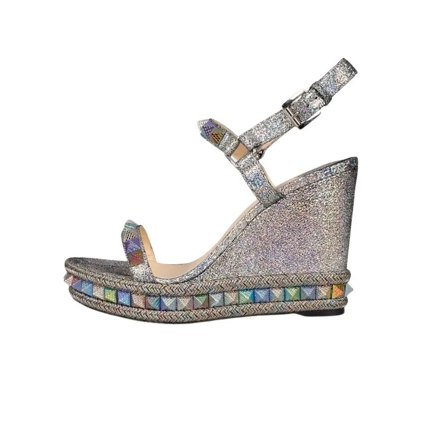 Christian Louboutin Pyraclou 110 Leather Open-Toe Sandals Sz.39 Pre-owned Silver Leather Good - Front View