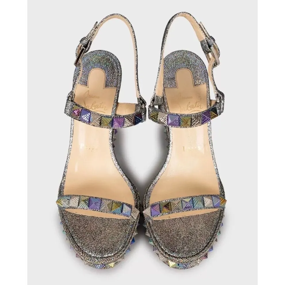 Christian Louboutin Pyraclou 110 Leather Open-Toe Sandals Sz.39 Pre-owned Silver Leather Good - Back View