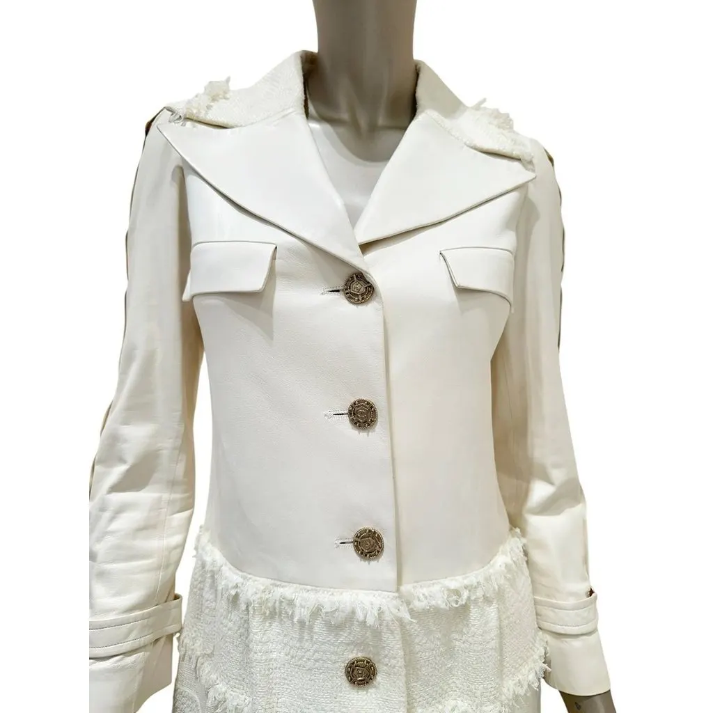 Chanel White Lamb Leather & Tweed Coat EU 34 Pre-owned White Leather Good - Inside View