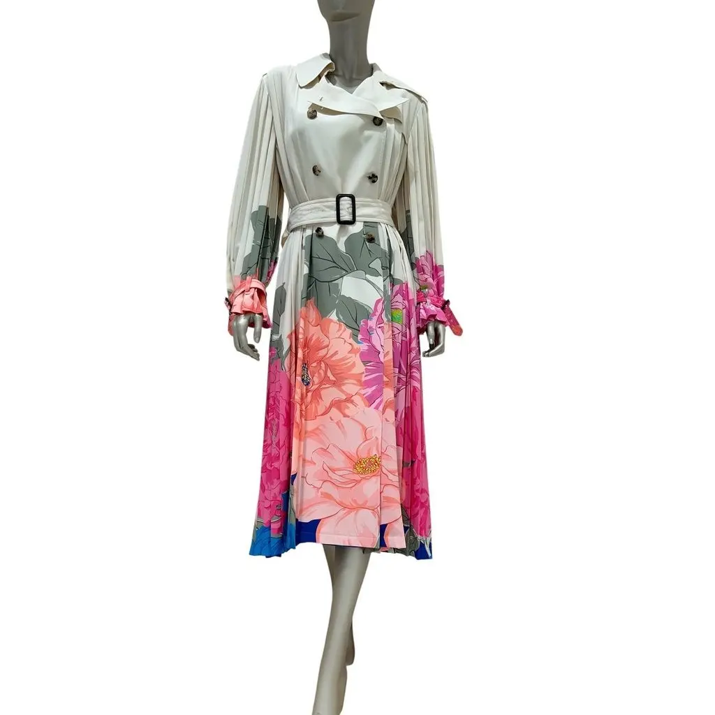 Valentino Camellia Silk Pleated Avorio & Fuchsia Trench Coat Sz.42 pre-owned Camel Silk Good - Front View