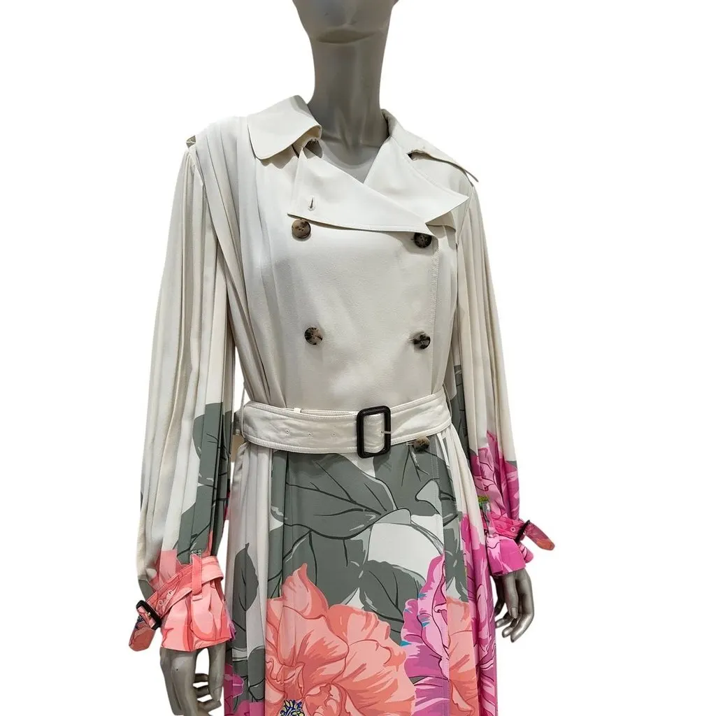 Valentino Camellia Silk Pleated Avorio & Fuchsia Trench Coat Sz.42 pre-owned Camel Silk Good - Back View