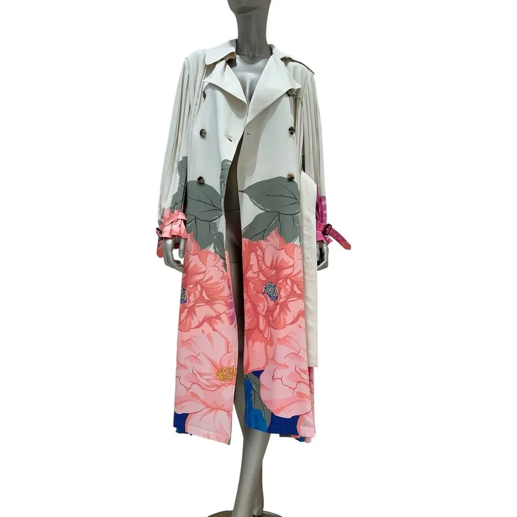 Valentino Camellia Silk Pleated Avorio & Fuchsia Trench Coat Sz.42 pre-owned Camel Silk Good - Inside View