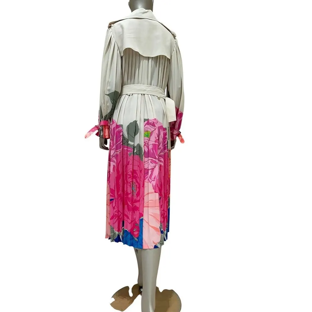 Valentino Camellia Silk Pleated Avorio & Fuchsia Trench Coat Sz.42 pre-owned Camel Silk Good - Box View