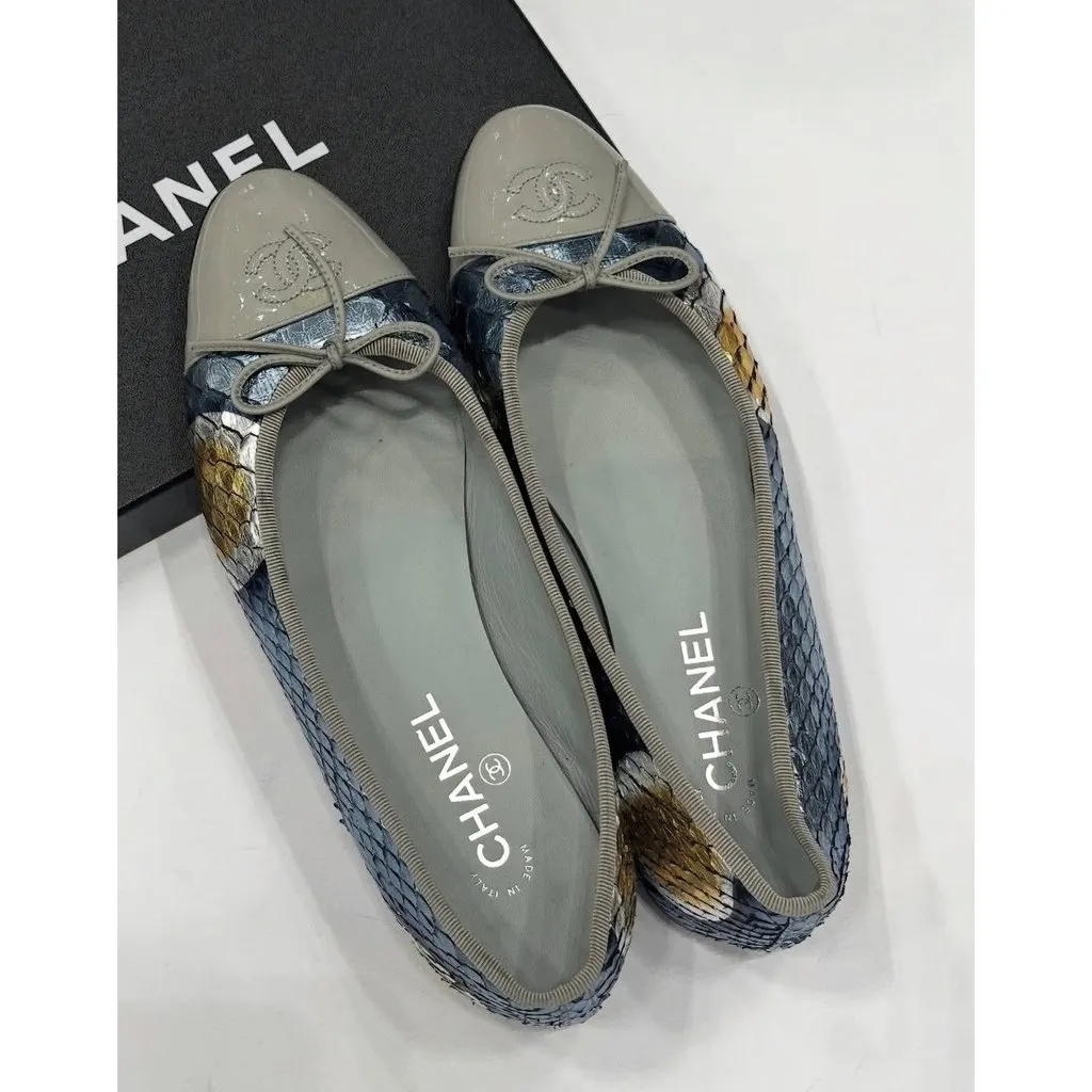 Chanel Python Snake Print Lambskin Ballet Flats Sz.41 Pre-owned Grey Leather Good - Back View