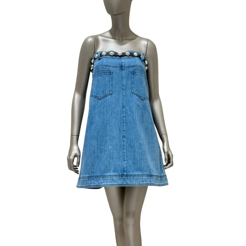 Chanel 2013 Strapless Denim Pearl Belt Dress with Sz. 38 pre-owned Blue Denim Good - Front View