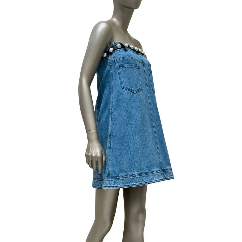 Chanel 2013 Strapless Denim Pearl Belt Dress with Sz. 38 pre-owned Blue Denim Good - Back View