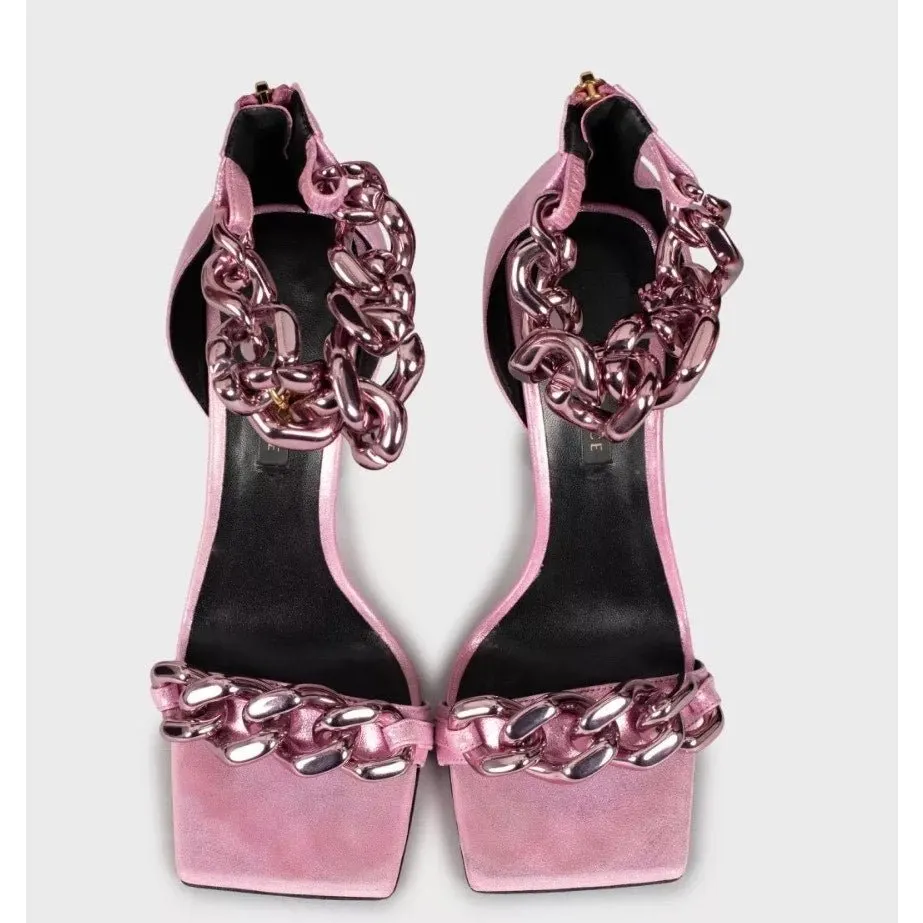 Versace Pink Medusa Textile Heeled Sandals 38.5 pre-owned Pink Leather Good - Back View