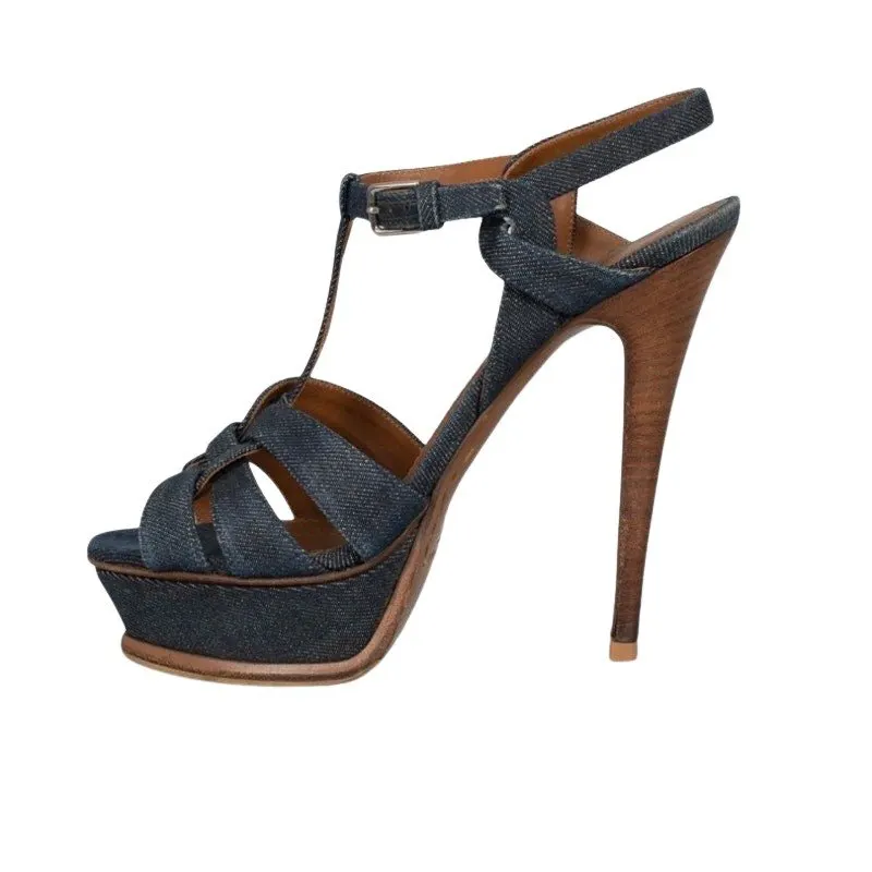 Saint Laurent Stylish Saint Laurent Tribute Denim Sandals - Size 37.5 Pre-owned Blue Denim Good - Front View