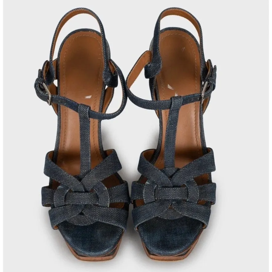 Saint Laurent Stylish Saint Laurent Tribute Denim Sandals - Size 37.5 Pre-owned Blue Denim Good - Back View