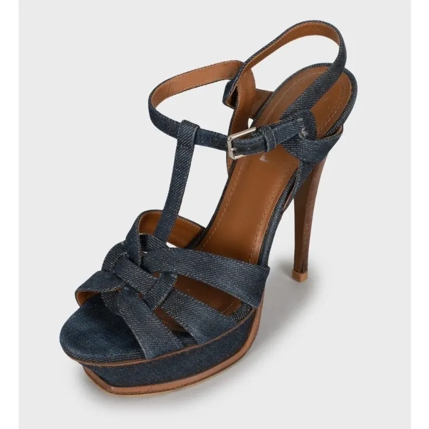 Saint Laurent Stylish Saint Laurent Tribute Denim Sandals - Size 37.5 Pre-owned Blue Denim Good - Inside View