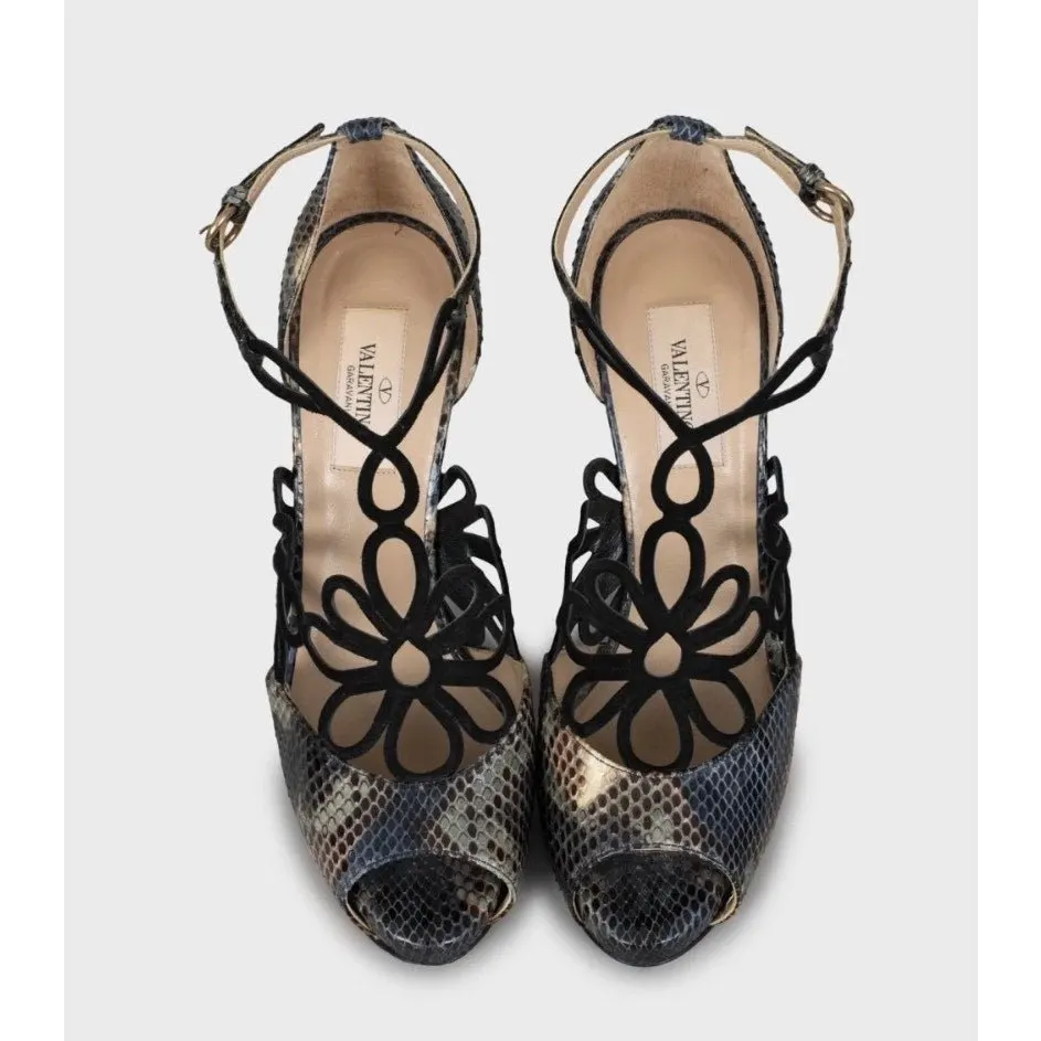 Valentino Snakeskin Print Lambskin Leather Stiletto Heels - Size 37 Black Leather Good - Back View