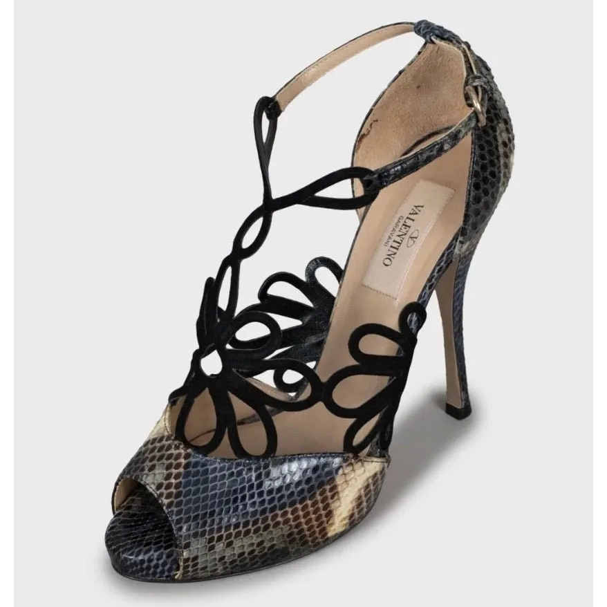 Valentino Snakeskin Print Lambskin Leather Stiletto Heels - Size 37 Black Leather Good - Inside View