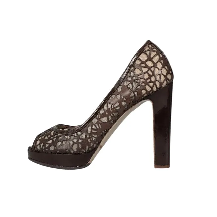 Valentino Perforated Leather Open-Toe Pumps - Brown, Sz 36.5 pre-owned Brown Leather Good - Front View