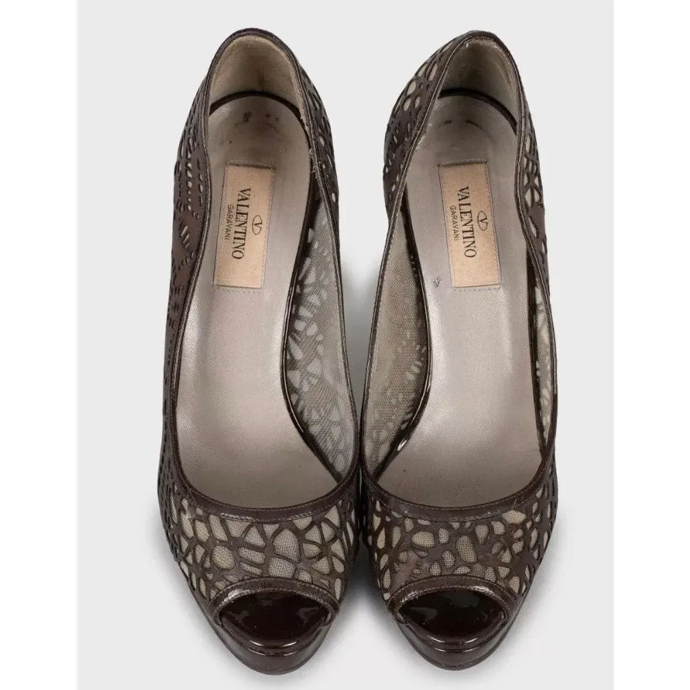 Valentino Perforated Leather Open-Toe Pumps - Brown, Sz 36.5 pre-owned Brown Leather Good - Back View