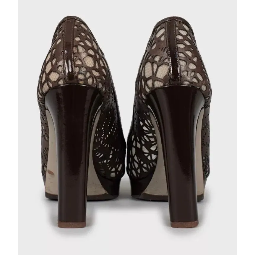 Valentino Perforated Leather Open-Toe Pumps - Brown, Sz 36.5 pre-owned Brown Leather Good - Model View