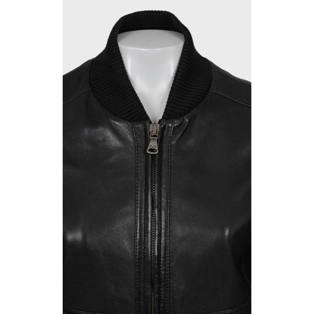 Dolce & Gabbana Black Leather Bomber Jacket - IT38/XS pre-owned Black Leather Good - Model View