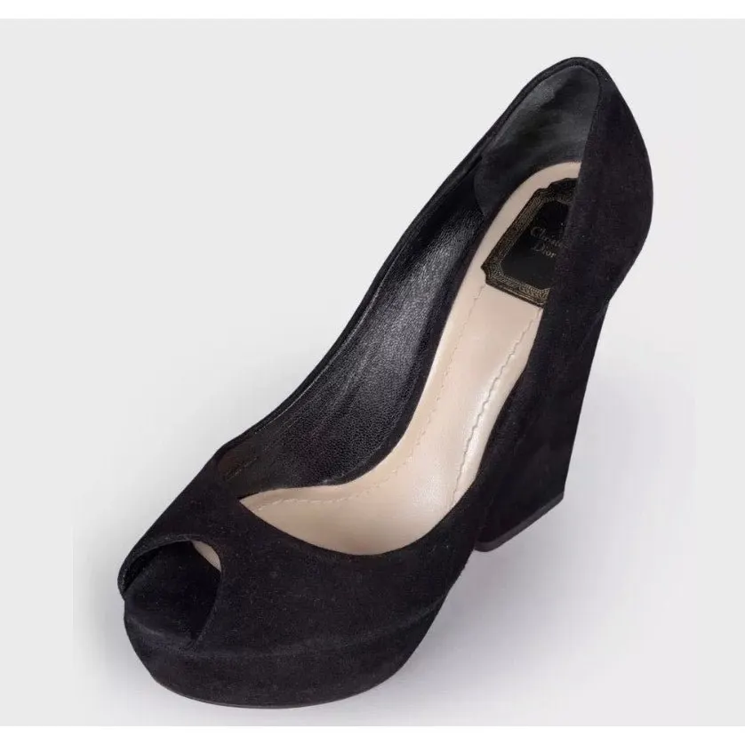 Dior Christian Dior Black Suede Open Toe Pumps Sz.39.5 Pre-owned Black Suede Good - Inside View