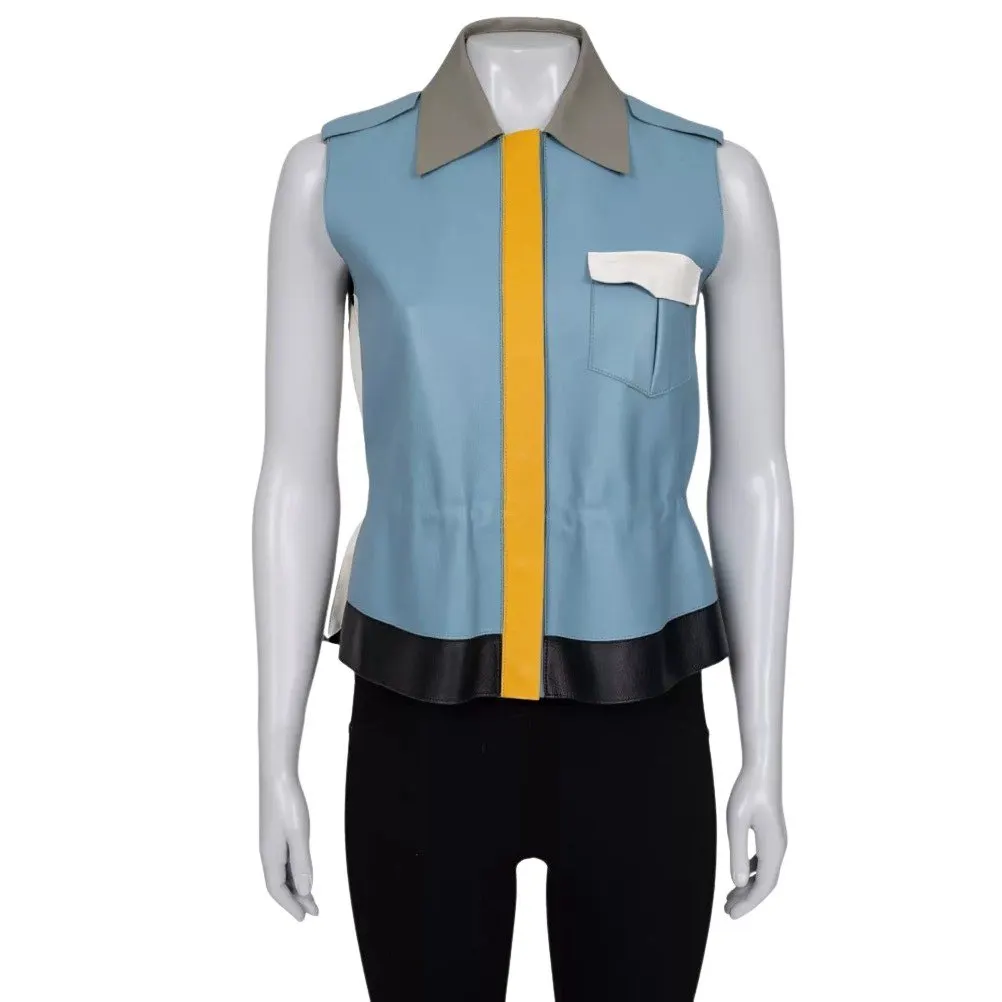 Fendi Blue Leather Multicolor Vest, Size IT40/S Pre-owned Blue Leather Good - Front View