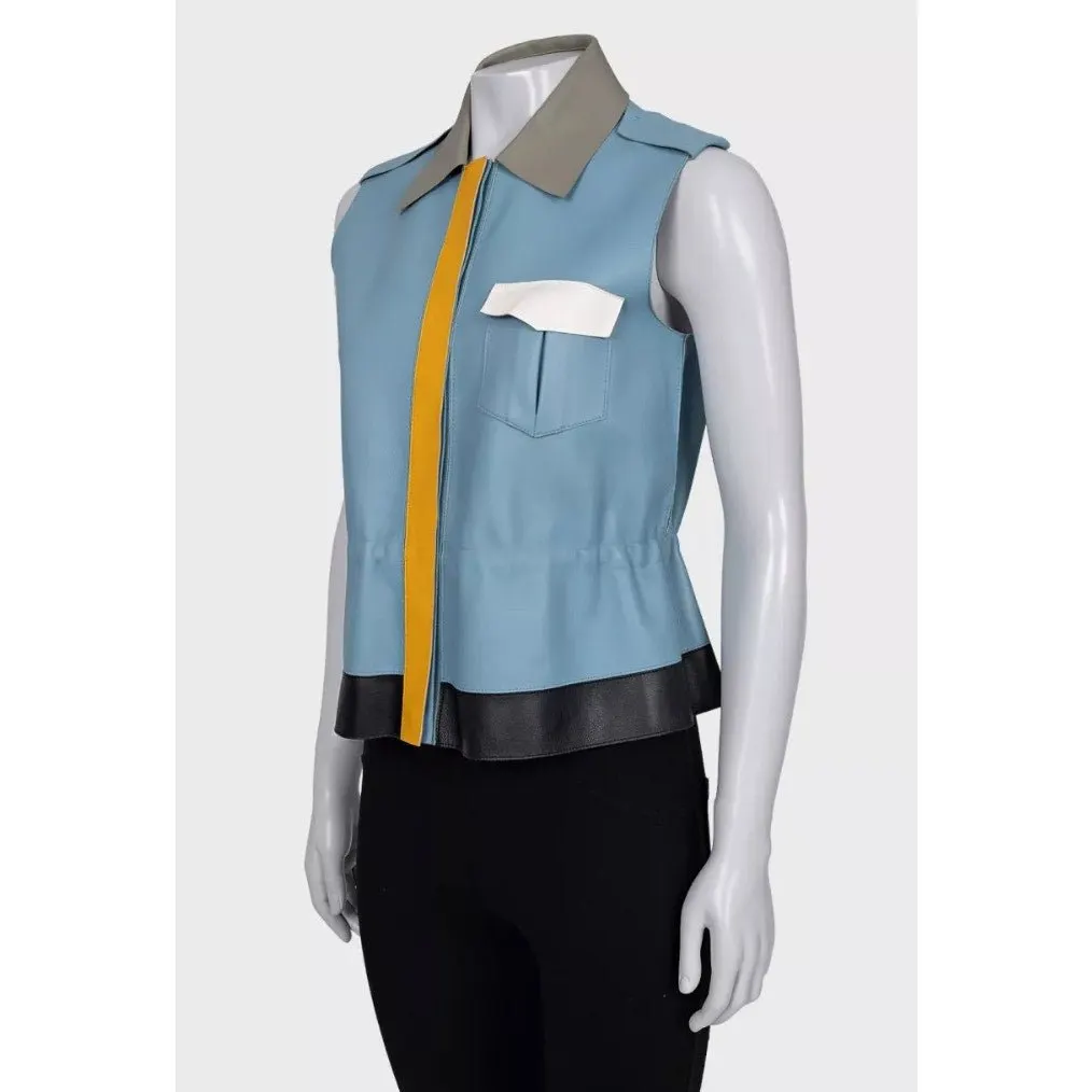 Fendi Blue Leather Multicolor Vest, Size IT40/S Pre-owned Blue Leather Good - Back View