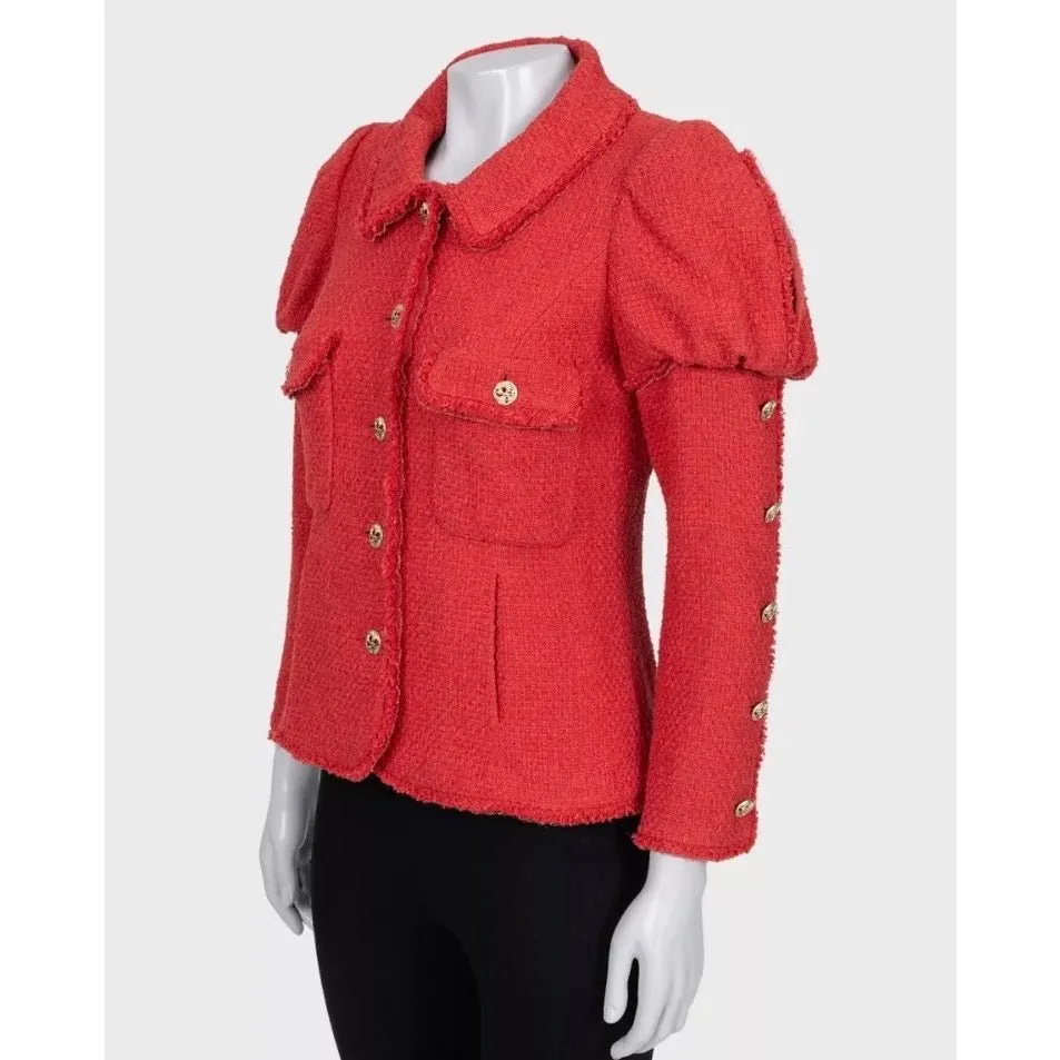Chanel Spring 2010 Red Tweed Puffed Shoulders Jacket EU 36 pre-owned Red Tweed Good - Back View