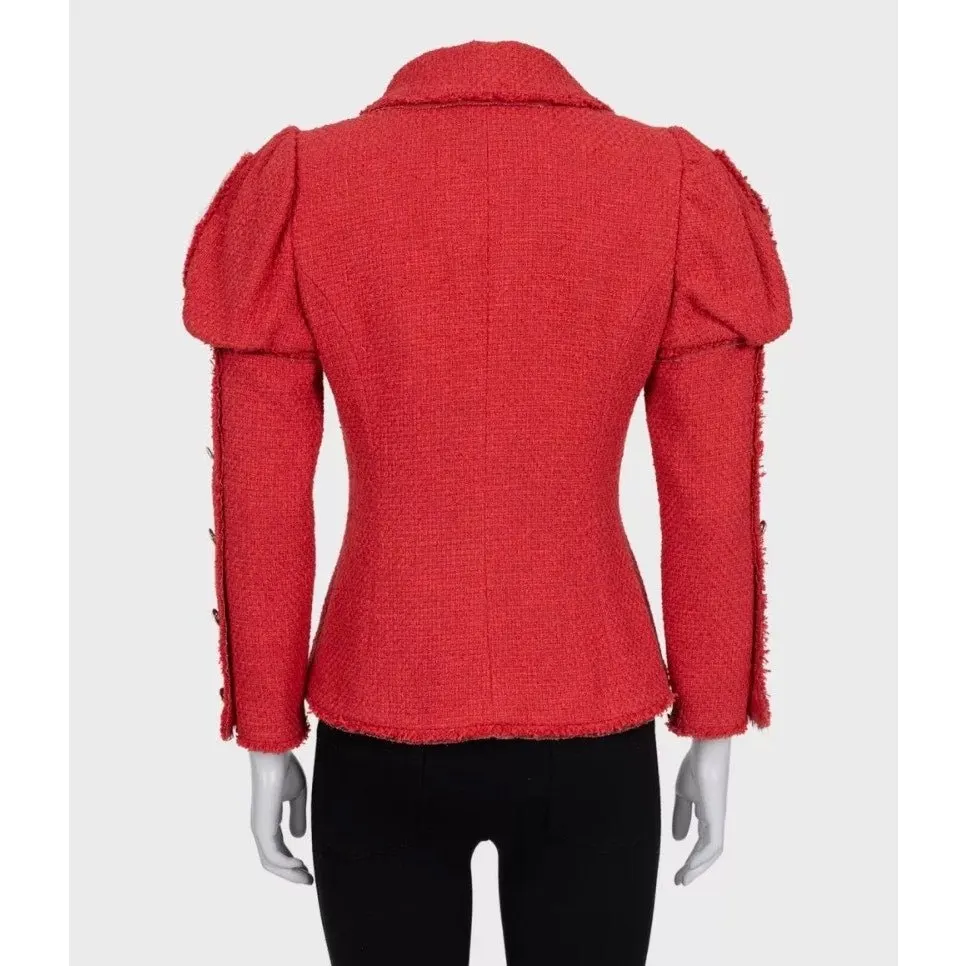 Chanel Spring 2010 Red Tweed Puffed Shoulders Jacket EU 36 pre-owned Red Tweed Good - Inside View