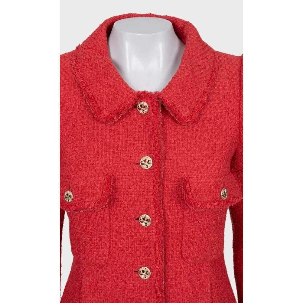 Chanel Spring 2010 Red Tweed Puffed Shoulders Jacket EU 36 pre-owned Red Tweed Good - Model View