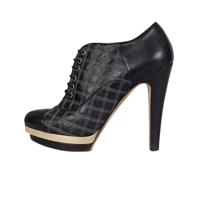 Chanel Black Leather Checkered Embroidery Ankle Boots Sz 37.5 pre-owned Black Leather Good - Front View