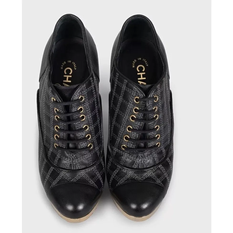 Chanel Black Leather Checkered Embroidery Ankle Boots Sz 37.5 pre-owned Black Leather Good - Back View