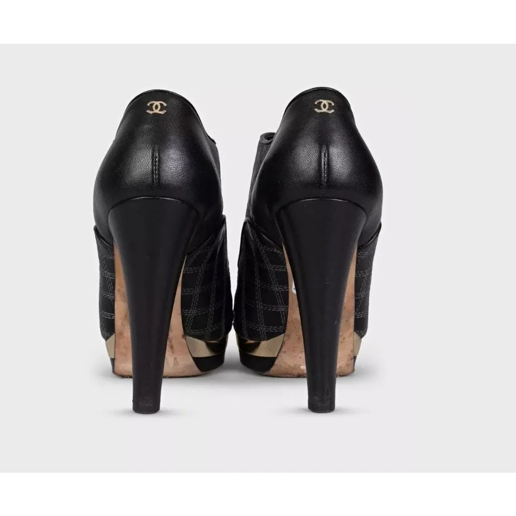 Chanel Black Leather Checkered Embroidery Ankle Boots Sz 37.5 pre-owned Black Leather Good - Model View