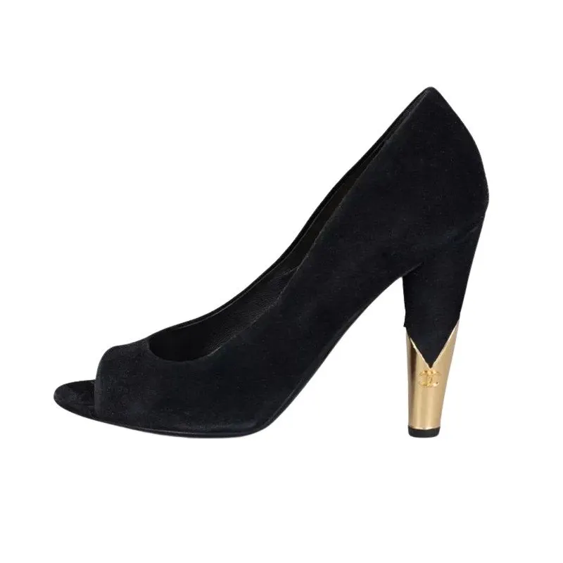 Chanel Black Suede Gold Accent Open Toe Pumps Sz 40 Pre-owned Black Suede Good - Front View