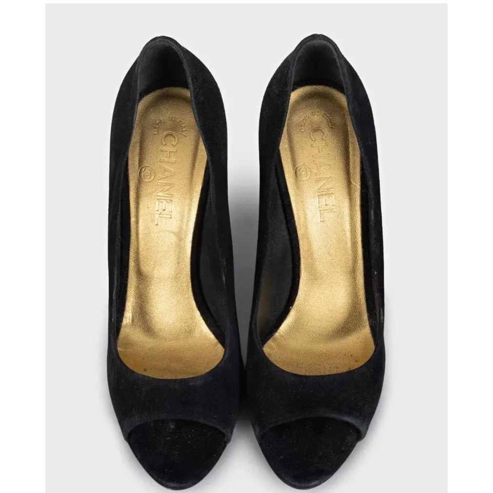 Chanel Black Suede Gold Accent Open Toe Pumps Sz 40 Pre-owned Black Suede Good - Back View