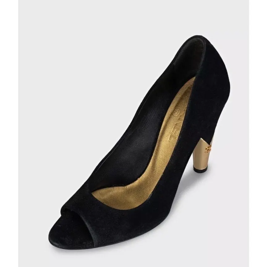 Chanel Black Suede Gold Accent Open Toe Pumps Sz 40 Pre-owned Black Suede Good - Inside View
