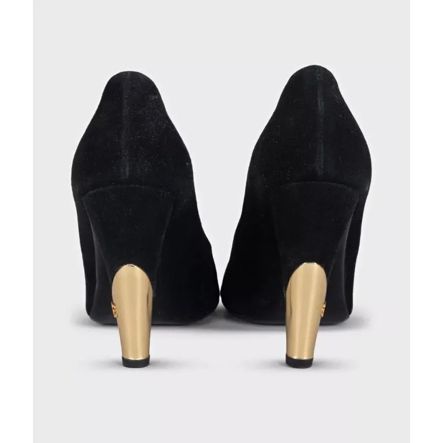 Chanel Black Suede Gold Accent Open Toe Pumps Sz 40 Pre-owned Black Suede Good - Model View