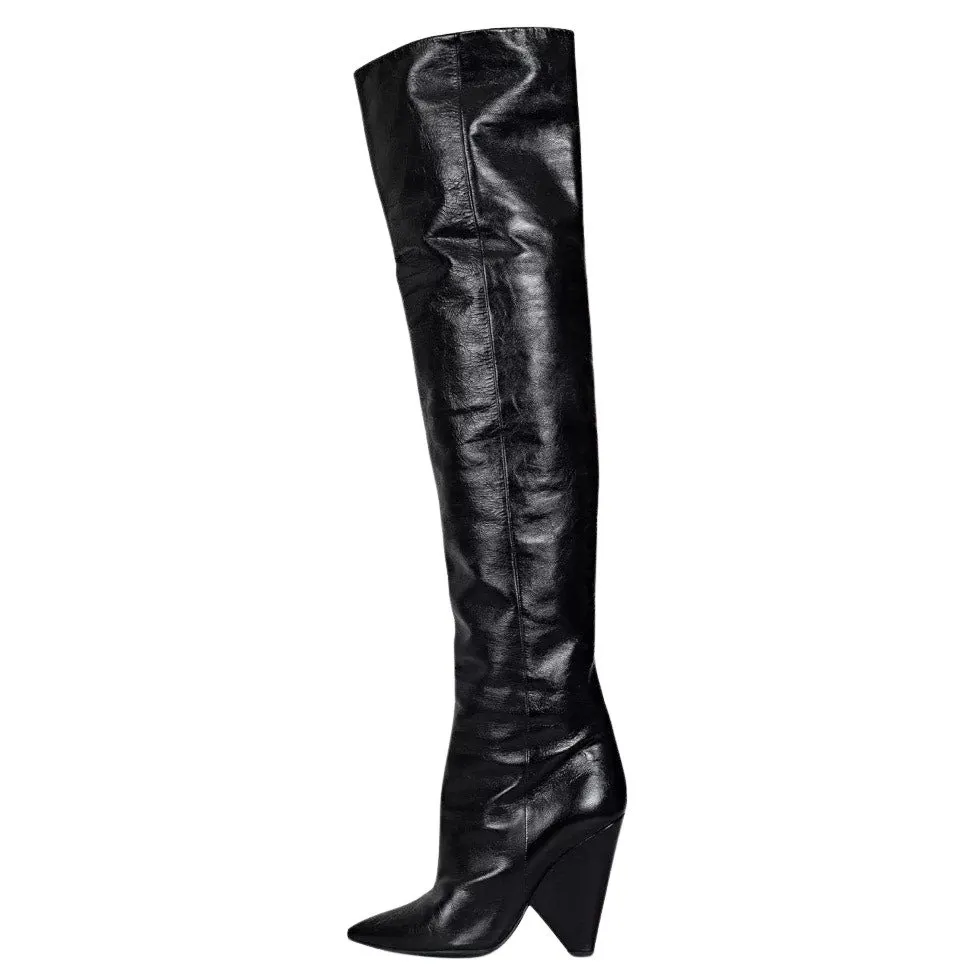 Saint Laurent Niki Black Leather Wedge Over-the-Knee Boots Sz.38 Black Leather Good - Front View