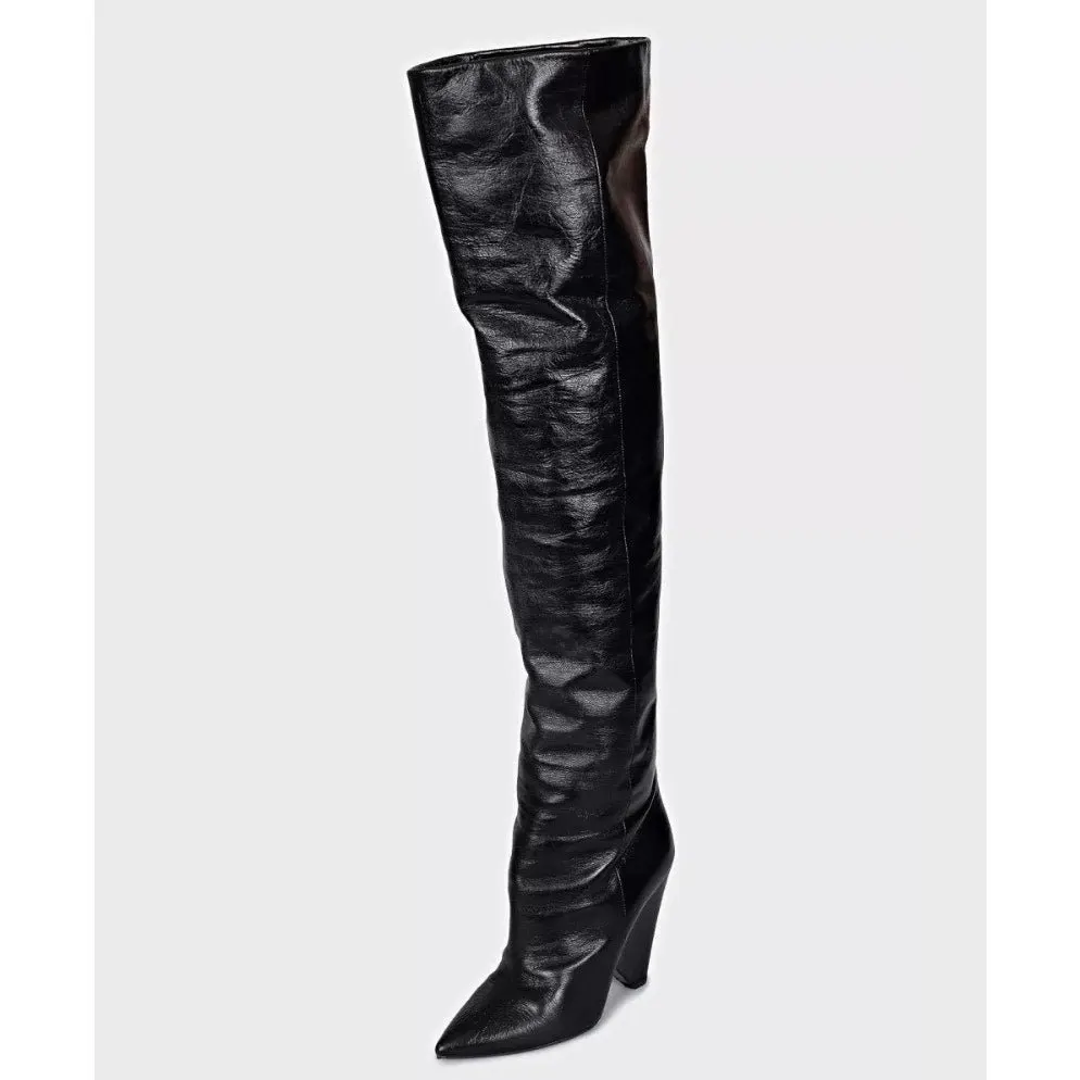 Saint Laurent Niki Black Leather Wedge Over-the-Knee Boots Sz.38 Black Leather Good - Back View