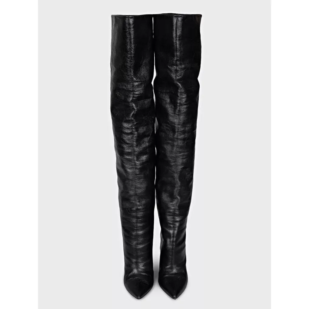Saint Laurent Niki Black Leather Wedge Over-the-Knee Boots Sz.38 Black Leather Good - Inside View