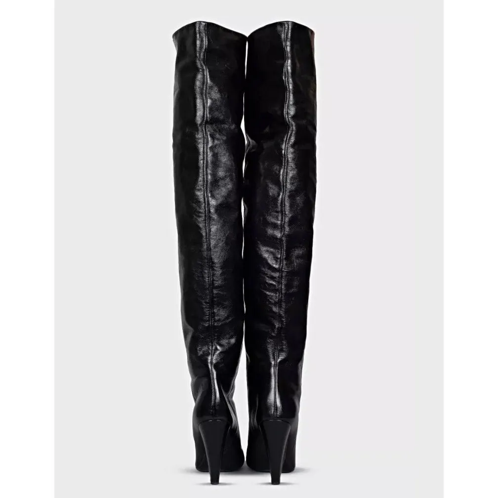 Saint Laurent Niki Black Leather Wedge Over-the-Knee Boots Sz.38 Black Leather Good - Model View