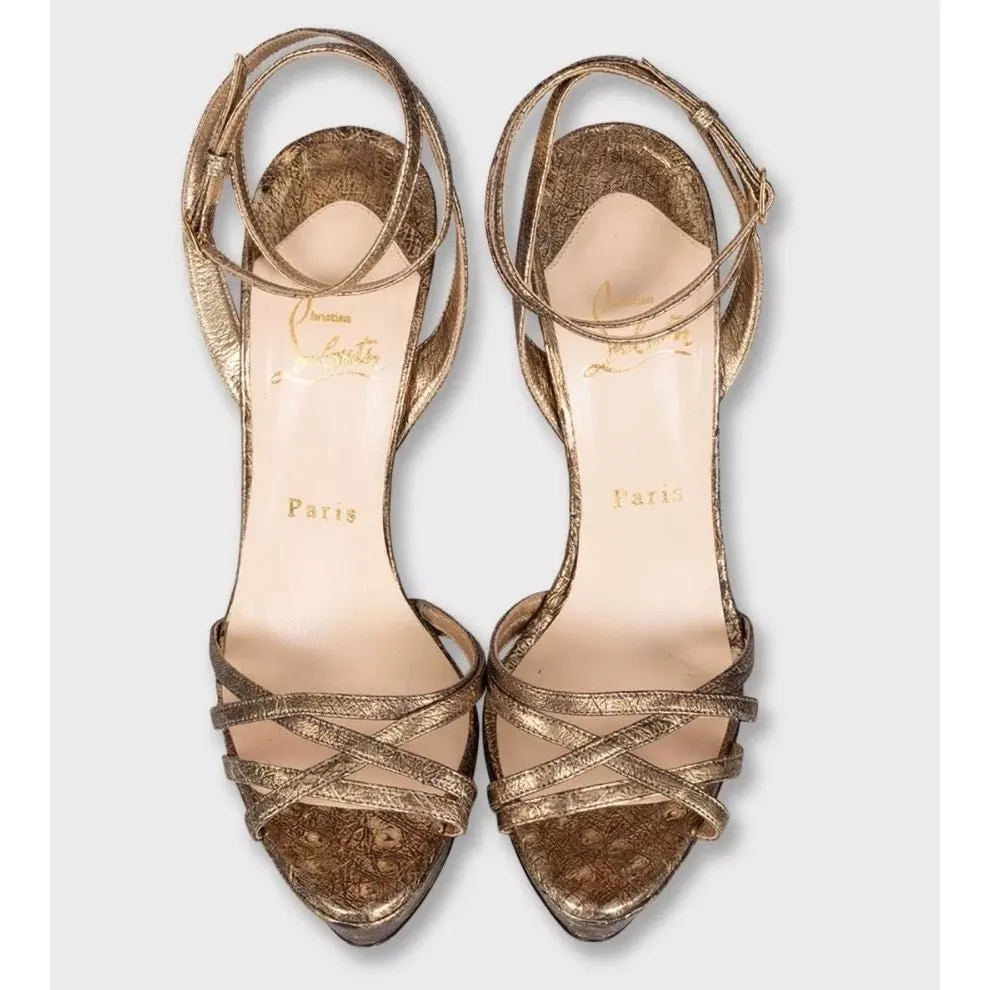 Christian Louboutin Gold Leather Platform High Heel Sandals Sz.38 pre-owned Gold Leather Good - Back View