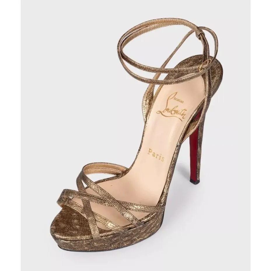 Christian Louboutin Gold Leather Platform High Heel Sandals Sz.38 pre-owned Gold Leather Good - Inside View