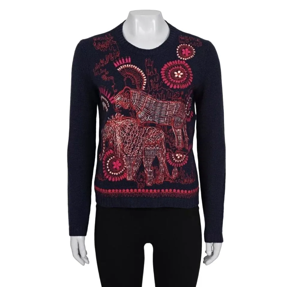 Dior Christian Dior Blue Cashmere Embroidered Jumper 38/M pre-owned Red Wool Good - Front View