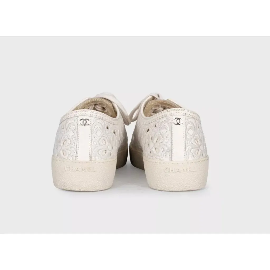 Chanel White Embroidered Leather Sneakers - Size 39.5 Pre-owned White Leather Good - Model View