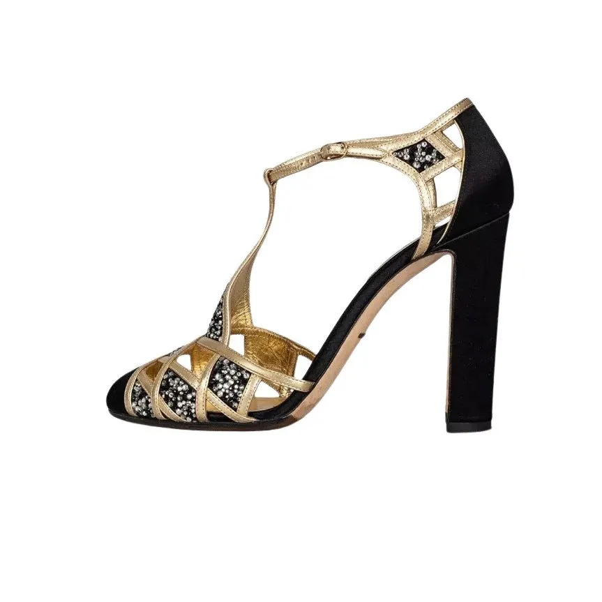 Dolce & Gabbana Black Textile Gold Crystal Pumps Sz 39 Pre-owned Black Leather Good - Front View