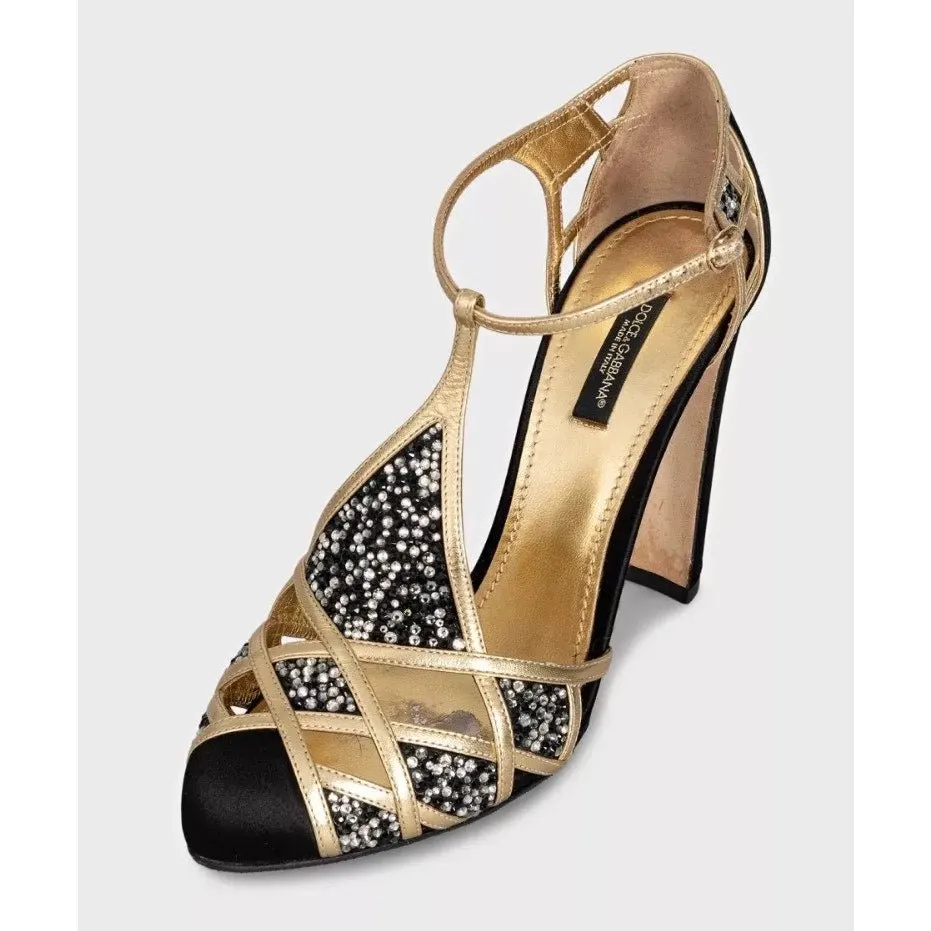 Dolce & Gabbana Black Textile Gold Crystal Pumps Sz 39 Pre-owned Black Leather Good - Back View