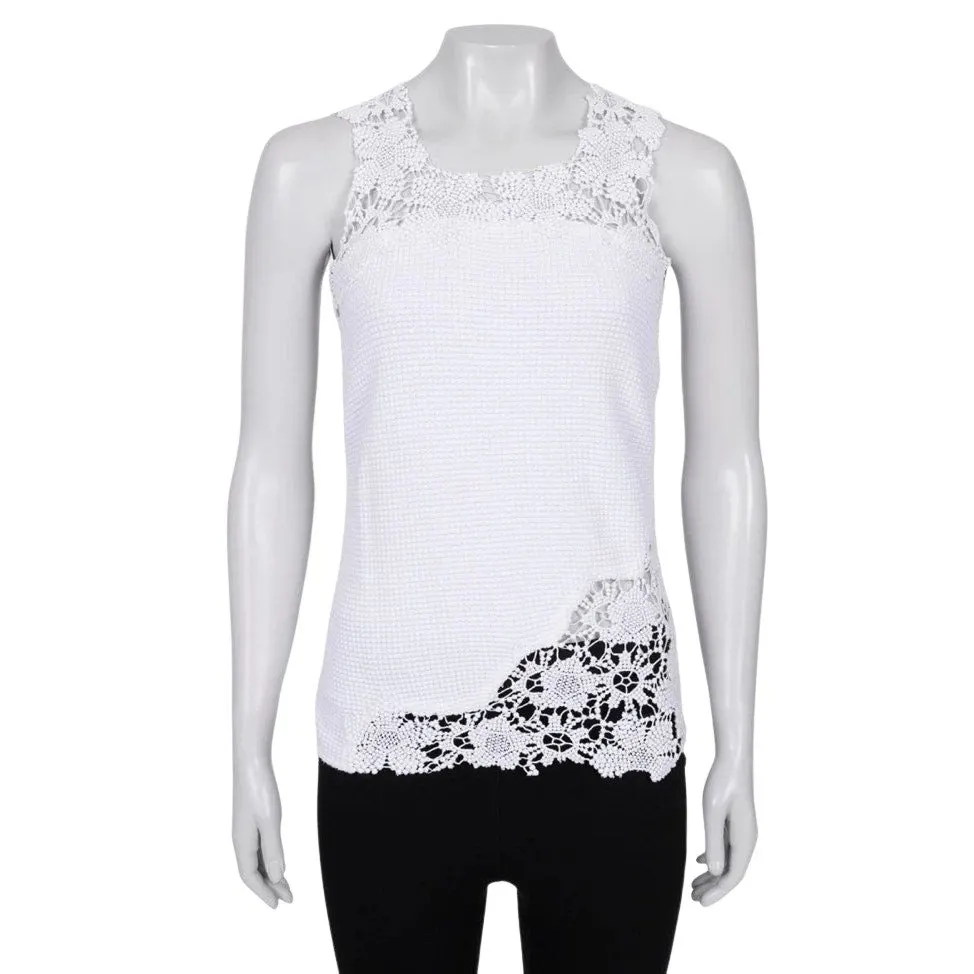 Chanel Lace-Trim Cotton Tank Top Size S/EU 34 Pre-owned White Lace Good - Front View