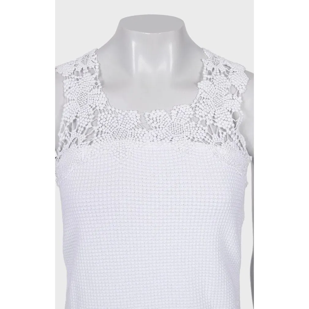 Chanel Lace-Trim Cotton Tank Top Size S/EU 34 Pre-owned White Lace Good - Model View