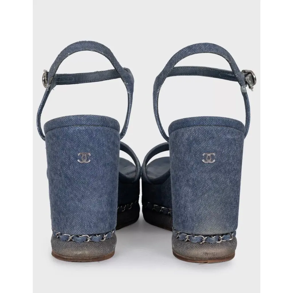Chanel Blue Denim Wedge Sandals, Size 39.5 pre-owned Blue Denim Good - Model View