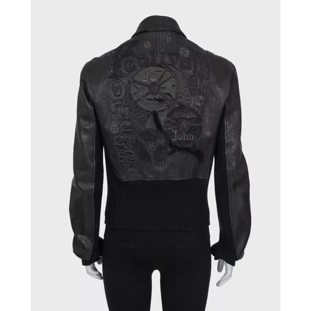 John Galliano Black Embroidered Leather Jacket EU34/XS pre-ownned Black Leather Good - Back View