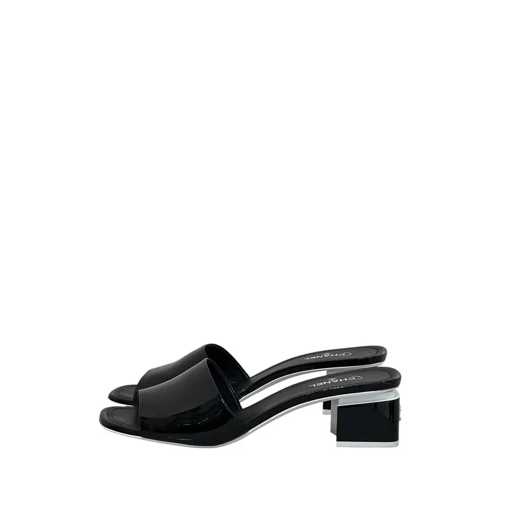 Chanel Black Patent Leather Heeled Mules - Size 41 Pre-owned Black Leather Good - Front View