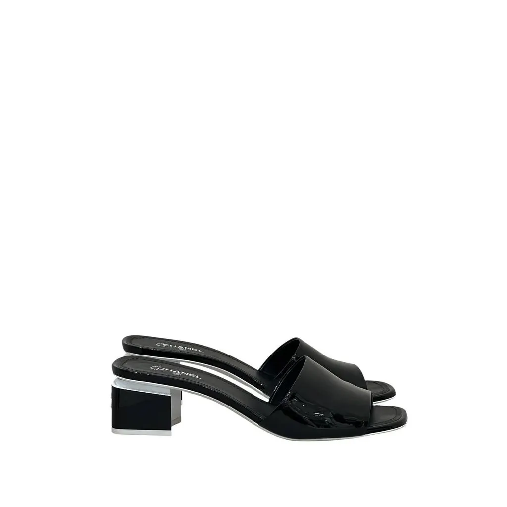 Chanel Black Patent Leather Heeled Mules - Size 41 Pre-owned Black Leather Good - Back View
